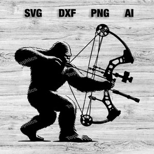 Bigfoot Compound Bow Silhouette Cut Files | Fun Bigfoot Vector Silhouette, Cameo, Cricut SVG, PNG, Dxf, Ai, Instant Download Laser Ready