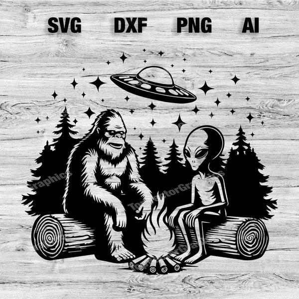 Bigfoot Alien Campfire Cut Files | Bigfoot Alien Vector Graphic Silhouette, Cameo, Cricut SVG, PNG, Dxf, Ai, Instant Download Laser Ready