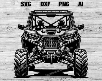 May include: Black and white line art illustration of a side-by-side off-road vehicle. The vehicle has a roll cage, a front bumper, and large tires.