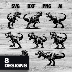 May include: Eight black and white vector illustrations of a Tyrannosaurus Rex dinosaur in various poses. The text "8 DESIGNS" is at the bottom of the image.