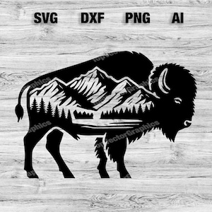 Buffalo Mountain Scene Cut File | Outdoor Bison Vector Graphic Silhouette, Cameo, Cricut SVG, PNG, Dxf, Ai Cut Files, Instant Download