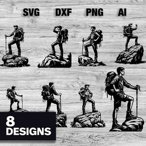 May include: Eight black and white silhouette designs of hikers with backpacks and walking sticks. The hikers are standing on rocks and mountains. The designs are perfect for creating custom t-shirts, mugs, stickers, and other crafts.