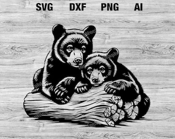 Black Bear Cubs on log Vector Graphic for DIY Crafts and Projects | Bear Cubs silhouette Cricut SVG, PNG, Dxf, Ai | Instant Download