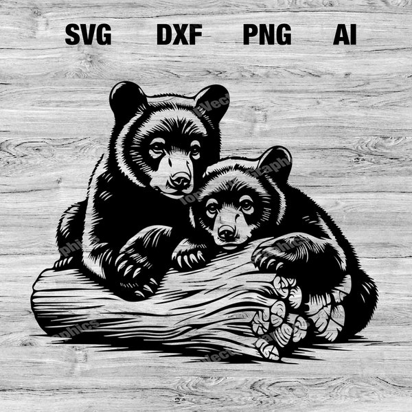 Black Bear Cubs on log Vector Graphic for DIY Crafts and Projects | Bear Cubs silhouette Cricut SVG, PNG, Dxf, Ai | Instant Download