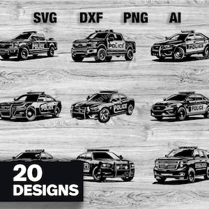 May include: 20 black and white designs of police cars and trucks. The designs include a variety of police vehicles, including a pickup truck, a sedan, and a SUV. The designs are all in a simple, minimalist style.