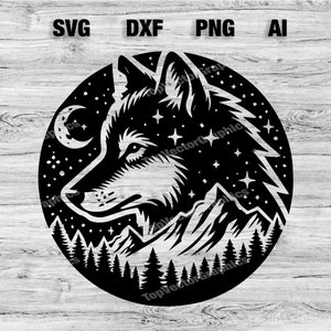 Puede incluir: Silueta en blanco y negro de la cabeza de un lobo en un círculo con una luna creciente, estrellas y montañas en el fondo.