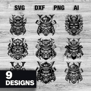 May include: Nine black and white samurai mask designs in various styles, with the file types SVG, DXF, PNG, and AI displayed at the top. The number "9" and the word "DESIGNS" are in a black rectangle at the bottom.