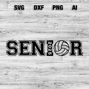 May include: Black and white graphic design of the word "Senior" with the year "2025" and a volleyball in the middle.