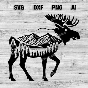 Moose Mountain Scene Cut File | Outdoor Moose Graphic Wall Art Silhouette, Cameo, Cricut SVG, PNG, Dxf, Ai Cut Files, Instant Download