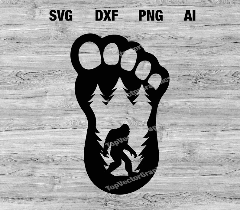 K&ouml;nnte beinhalten: Schwarze Silhouette eines Bigfoots, der durch einen Wald geht, innerhalb eines gro&szlig;en Fu&szlig;abdrucks. Der Fu&szlig;abdruck ist schwarz umrandet und hat f&uuml;nf Zehen.