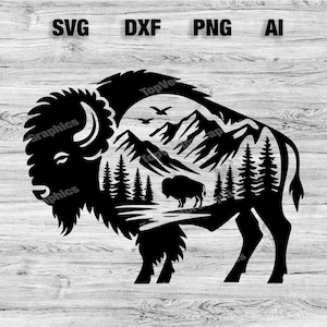 Buffalo Mountain Scene Cut File | Outdoor Bison Vector Graphic Silhouette, Cameo, Cricut SVG, PNG, Dxf, Ai Cut Files, Instant Download