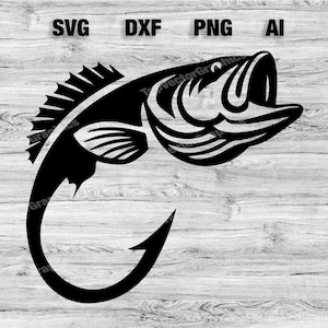 Pode incluir: Silhueta preta e branca de um peixe de baixo com um anzol. O peixe está virado para a direita e tem uma boca grande aberta. O anzol é curvo e preso à boca do peixe.