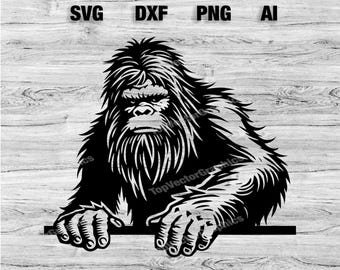 Silueta de archivo láser con gráfico vectorial de cabeza de Bigfoot asomando/Sasquatch, clip art, Cameo, Cricut SVG, PNG, Dxf, Ai, descarga instantánea
