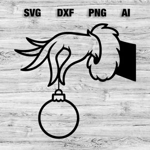 Puede incluir: Dibujo lineal en blanco y negro de una mano sosteniendo una bola de Navidad. La mano tiene dedos largos y curvados y está unida a un brazo peludo. La bola es redonda con una parte superior decorativa. Las palabras "SVG DXF PNG AI" están en la parte superior.