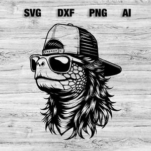 May include: Black and white illustration of a turtle wearing a baseball cap and sunglasses. The turtle has a long, flowing mane of hair.