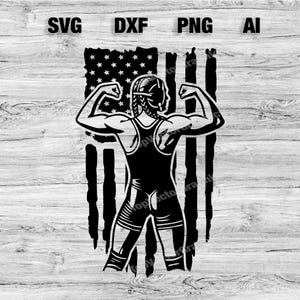 May include: Black and white silhouette of a wrestler with arms raised in a powerful pose, standing in front of an American flag.