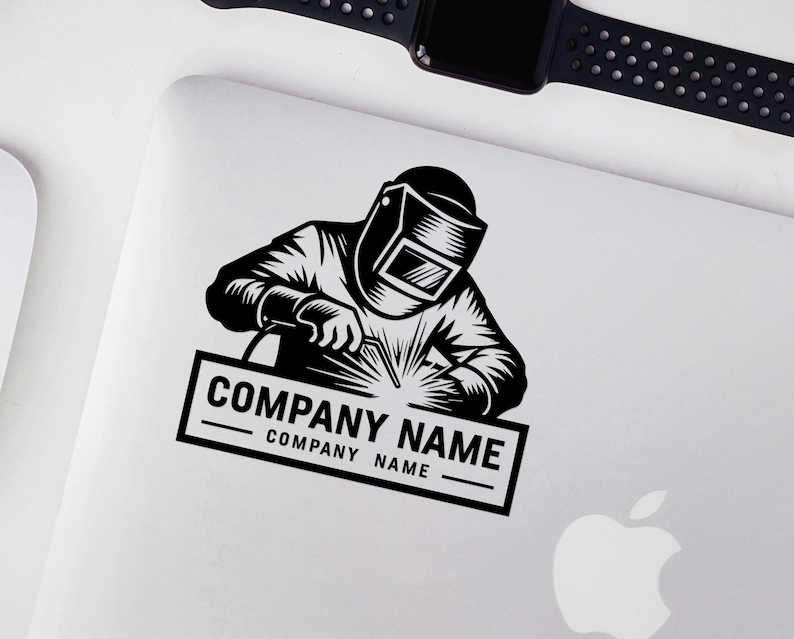 Op de afbeelding: Zwart-witte illustratie van een lasser met een lasmasker en een lasbrander. De tekst "COMPANY NAME" staat onder de afbeelding.