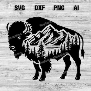 Buffalo Mountain Scene Cut File | Outdoor Bison Vector Graphic Silhouette, Cameo, Cricut SVG, PNG, Dxf, Ai Cut Files, Instant Download