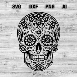 Archivos de corte de calavera de azúcar / Día de la silueta vectorial de calavera muerta, Cameo, Cricut SVG, PNG, Dxf, Ai, Descarga instantánea lista para láser