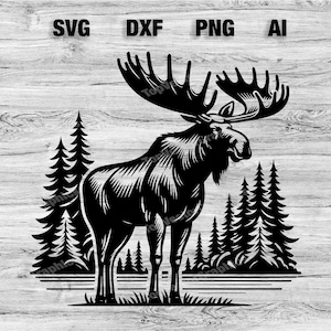 May include: Black and white silhouette of a moose standing in a forest with trees and a lake. The moose has large antlers.