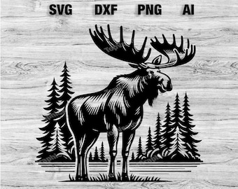Moose Nature Scene Cut Files / Moose Tree Scene Vector Graphic Silhouette, Cameo, Cricut SVG, PNG, Dxf, Ai, Download istantaneo