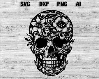 Arquivos de corte de caveira floral | silhueta de vetor de caveira de tatuagem, Cameo, Cricut SVG, PNG, Dxf, Ai, download instantâneo pronto para laser