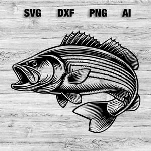 Striped Bass Fish Cut File | Outdoor Fishing Graphic Wall Art Silhouette, Cameo, Cricut SVG, PNG, Dxf, Ai Cut Files, Instant Download