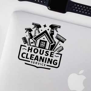 May include: Black and white logo for a house cleaning service. The logo features a house with cleaning supplies, including spray bottles, brushes, and a broom. The text "House Cleaning Service" is below the image.