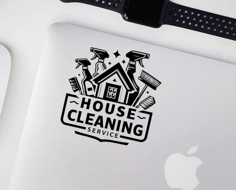 May include: Black and white logo for a house cleaning service. The logo features a house with cleaning supplies, including spray bottles, brushes, and a broom. The text "House Cleaning Service" is below the image.