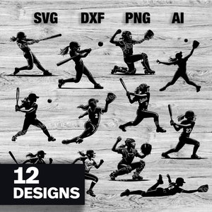 May include: A collection of black and white digital designs depicting 12 softball player silhouettes in action. Available in SVG, DXF, PNG, and AI formats. The designs show players batting, pitching, catching, and sliding, set against a wood grain background.