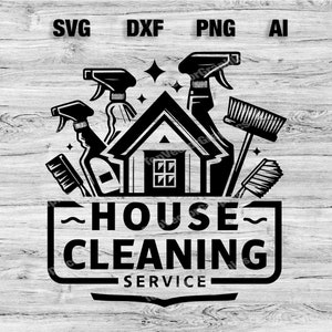 May include: Black and white illustration of a house with cleaning supplies, including spray bottles, brushes, and a broom. The text "HOUSE CLEANING SERVICE" is below the house.