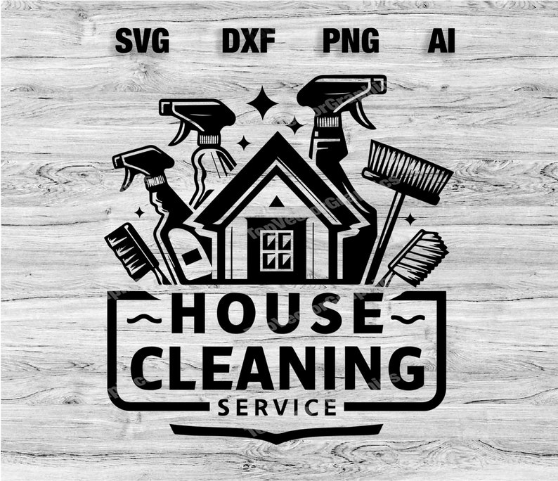 May include: Black and white illustration of a house with cleaning supplies, including spray bottles, brushes, and a broom. The text "HOUSE CLEANING SERVICE" is below the house.