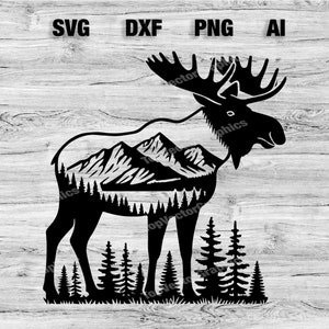 Moose Mountain Scene Cut File | Outdoor Moose Graphic Wall Art Silhouette, Cameo, Cricut SVG, PNG, Dxf, Ai Cut Files, Instant Download