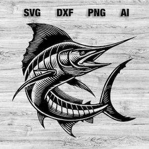 May include: A black and white illustration of a marlin fish jumping out of the water. The marlin is depicted in a detailed, stylized manner, with its fins and tail spread out.