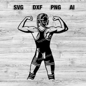 May include: Black and white silhouette of a wrestler in a wrestling singlet with arms raised in a flexing pose.