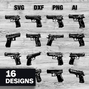 Op de afbeelding: Een set van 16 zwart-witte pistool silhouetontwerpen. De ontwerpen zijn in SVG, DXF, PNG en AI formaten.