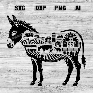 Donkey Farm Scene Cut File | Cute Donkey Animal Graphic Wall Art Silhouette, Cameo, Cricut SVG, PNG, Dxf, Ai Cut Files, Instant Download