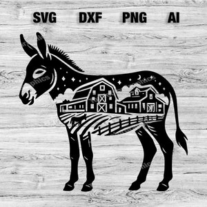 Donkey Farm Scene Cut File | Cute Donkey Animal Graphic Wall Art Silhouette, Cameo, Cricut SVG, PNG, Dxf, Ai Cut Files, Instant Download
