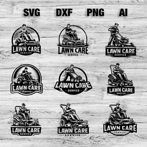 May include: A black and white illustration of a lawn care service logo. The logo features a person operating a riding lawnmower with the text "LAWN CARE SERVICE" below.