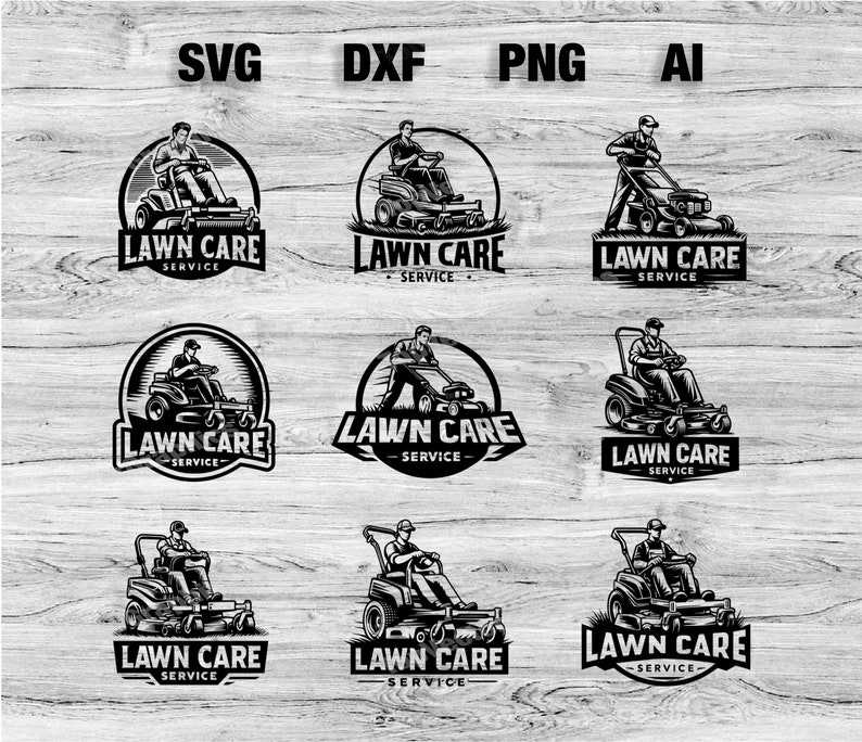 May include: A black and white illustration of a lawn care service logo. The logo features a person operating a riding lawnmower with the text "LAWN CARE SERVICE" below.