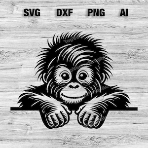 Puede incluir: Ilustración en blanco y negro de un orangután asomándose por encima de una superficie. El orangután tiene una cara peluda y está sonriendo.
