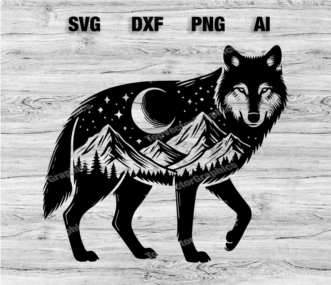 Wolf Mountain Scene Cut File Outdoor Wolf Vector Graphic Wall Art ...