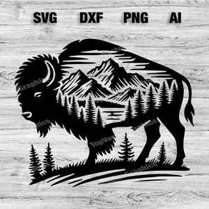 Buffalo Mountain Scene Cut File | Outdoor Bison Vector Graphic Silhouette, Cameo, Cricut SVG, PNG, Dxf, Ai Cut Files, Instant Download