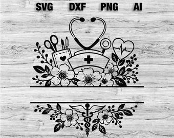 Nurse Split Monogram SVG Bundle, Floral Nurse Monogram Frame SVG, Stethoscope Nurse png, Medical SVG Cut File for Cricut, Nurse Shirt Design