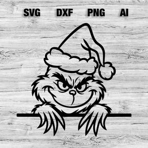 Könnte beinhalten: Schwarz-weiße Illustration einer Figur mit Weihnachtsmütze, mit dem Text "SVG DXF PNG AI" oben. Die Figur hat ein verschmitztes Grinsen und blickt über eine horizontale Linie.