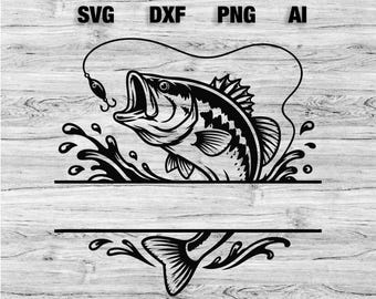 Bass Fish Split Monogram SVG, Largemouth Bass Monogram Frame SVG, Fishing SVG Cut File for Cricut, Fisherman png Bundle