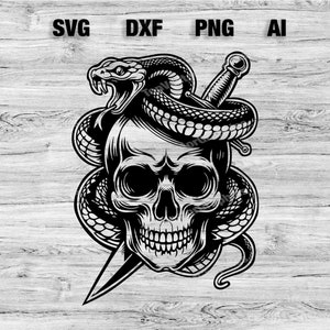 May include: Black and white illustration of a skull with a snake wrapped around it and a dagger piercing through the snake.