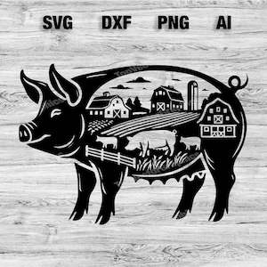 Pig Farm Scene Cut File | Cute Pig Animal Graphic Wall Art Silhouette, Cameo, Cricut SVG, PNG, Dxf, Ai Cut Files, Instant Download