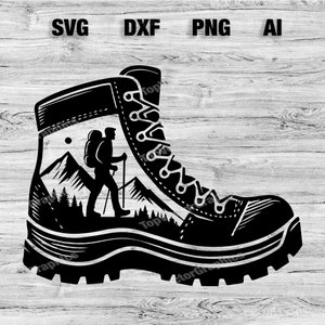 Peut inclure: Silhouette noire et blanche d'une chaussure de randonnée avec une scène de montagne à l'intérieur. La chaussure a une semelle épaisse et des lacets. Un randonneur avec un sac à dos marche dans les montagnes.