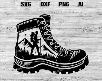 May include: Black and white silhouette of a hiking boot with a mountain scene inside. The boot has a thick sole and laces. A hiker with a backpack is walking through the mountains.